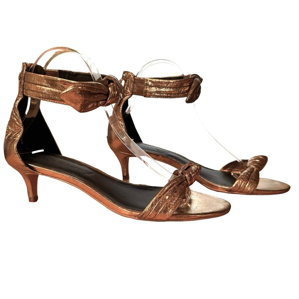 Rebecca Minkoff Gold Leather Ankle Strap Kitten Heels Open Toe Shoes sz 7.5 M